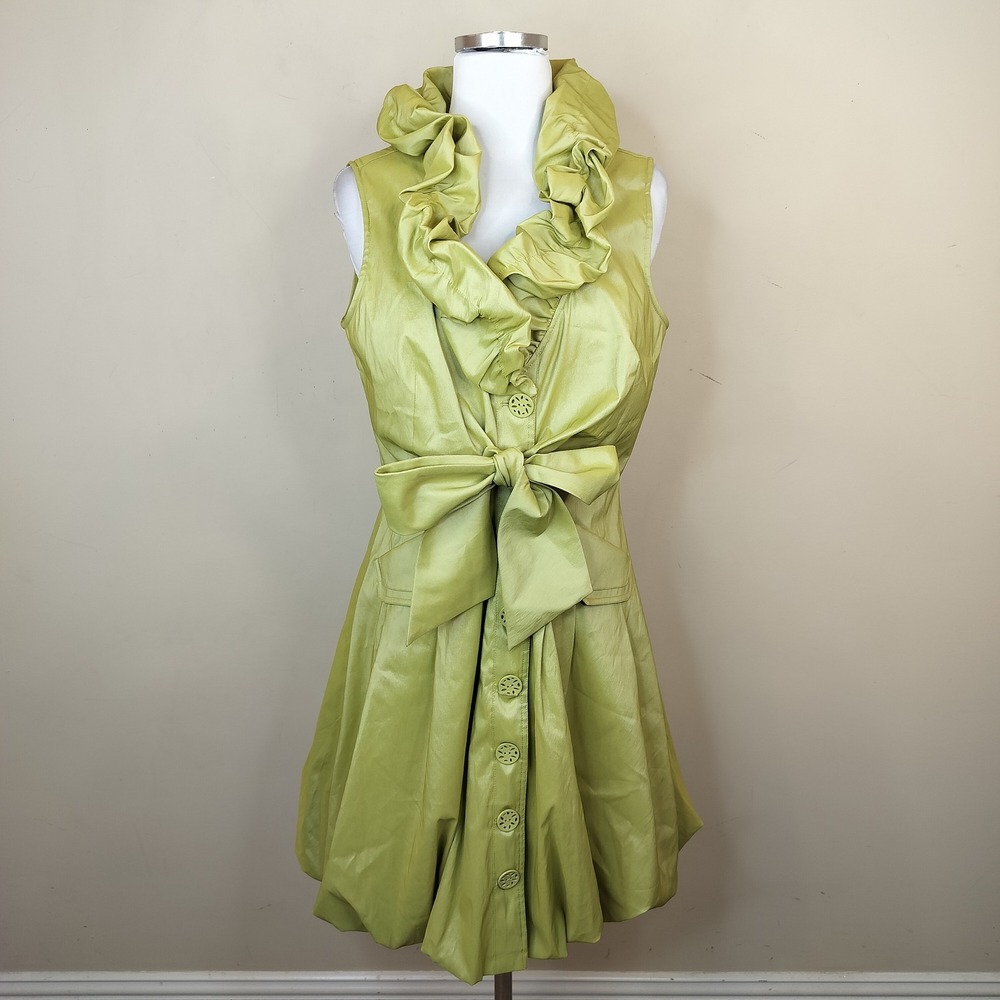 Samuel Dong Bubble Dress Ruffled Neck Taffeta Green Medium Sleeveless Tie Waist